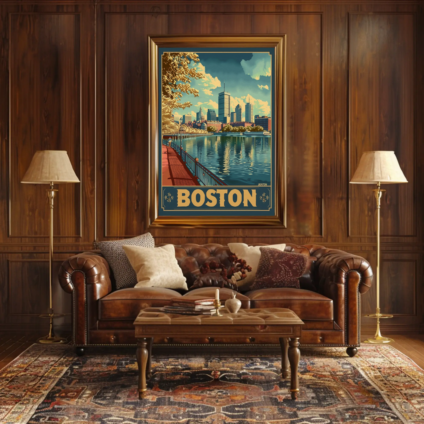 Boston City Skyline Boats River Autumn Travel Poster