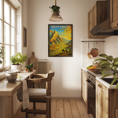South Dakota Painted Cowboy Mountains Trail Vintage Travel Poster
