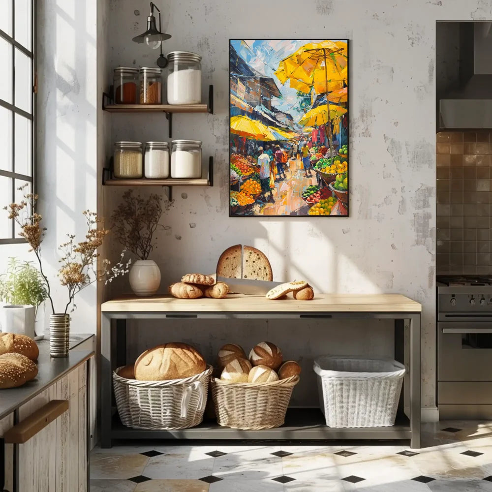 Vibrant Urban Marketplace Scene Impressionistic Art Poster