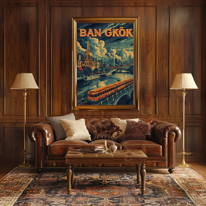 Bangkok Golden Temple River Train Skyline Scene Travel Poster