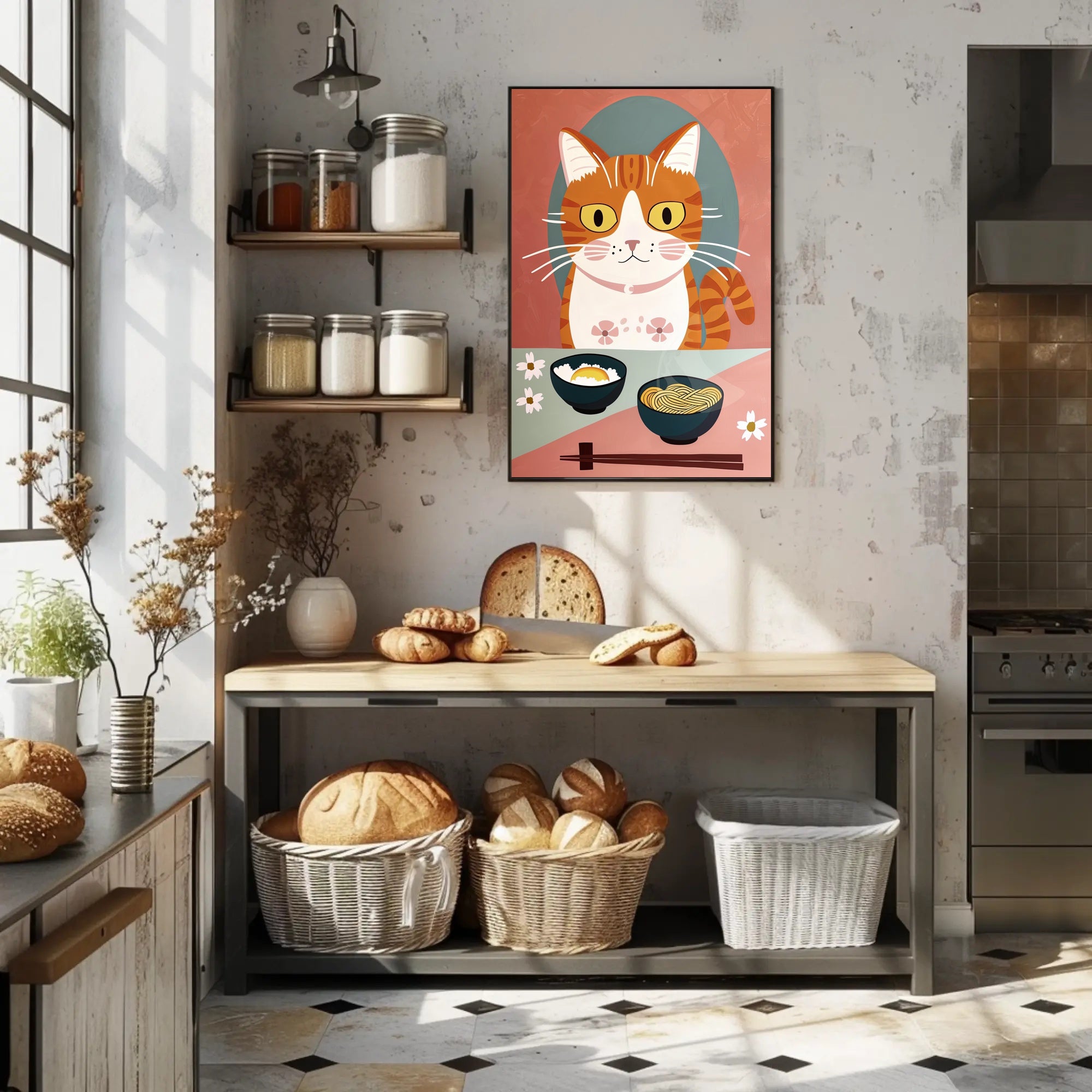 Whimsical Cat Dinner Scene Poster