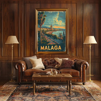 Malaga Sunset Beach Promenade Travel Poster