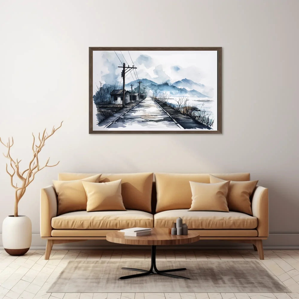 Serene Watercolor Rural Landscape with Misty Mountains