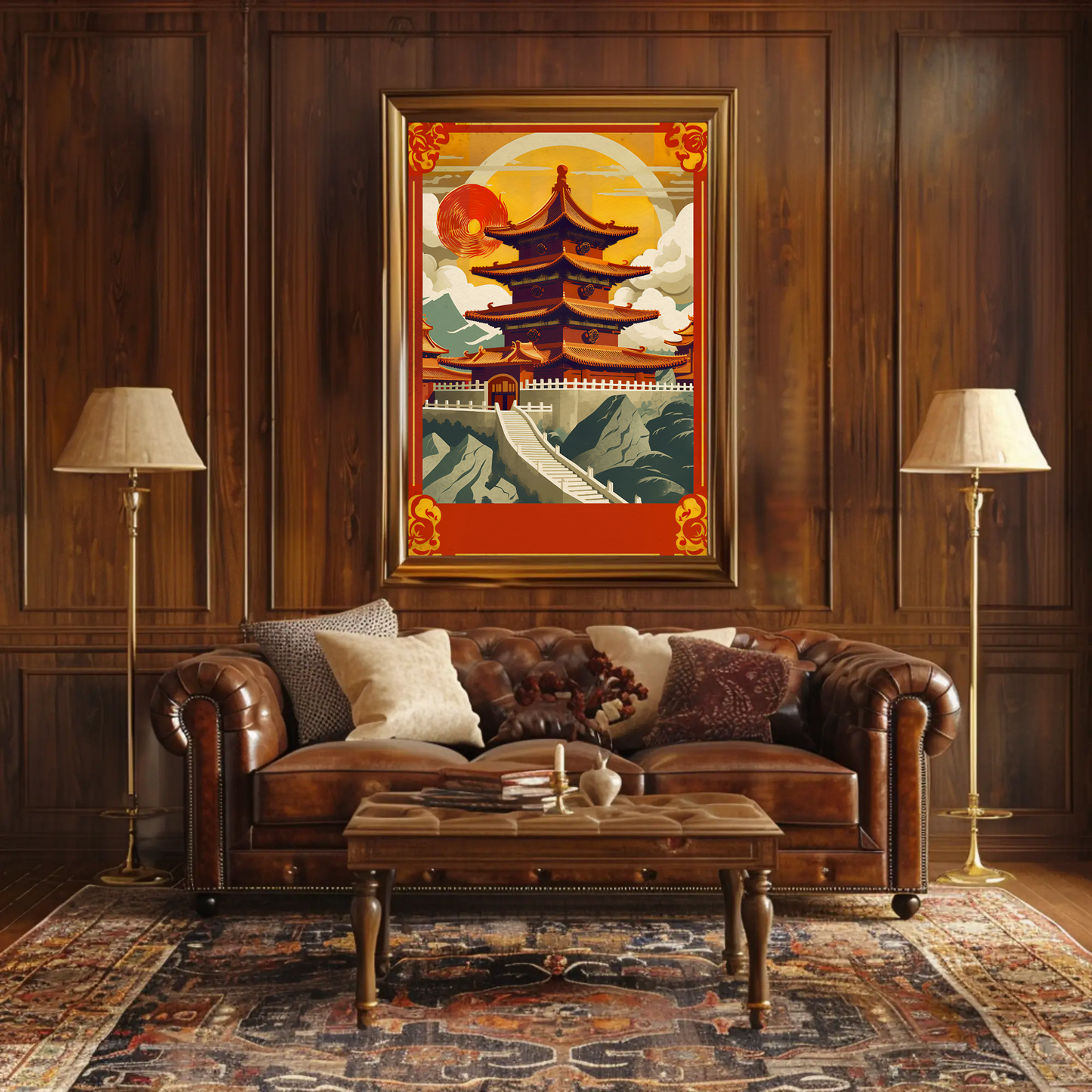 China Pagoda Sunset Clouds Fortress Peaks Travel Poster