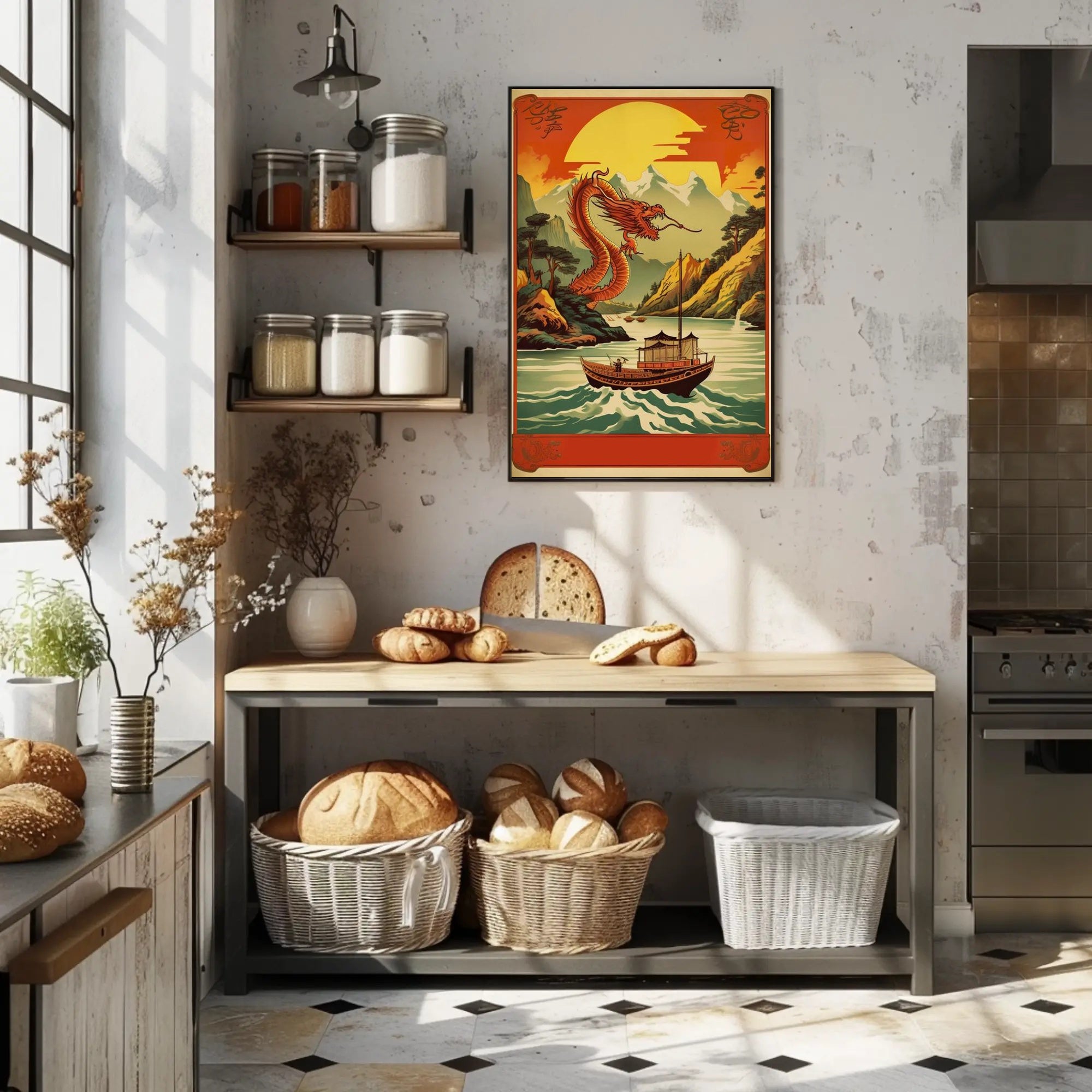 Dragon Soaring Over Serene River Poster