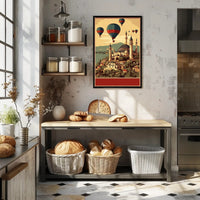 Hot Air Balloons Over Ancient Architecture Poster