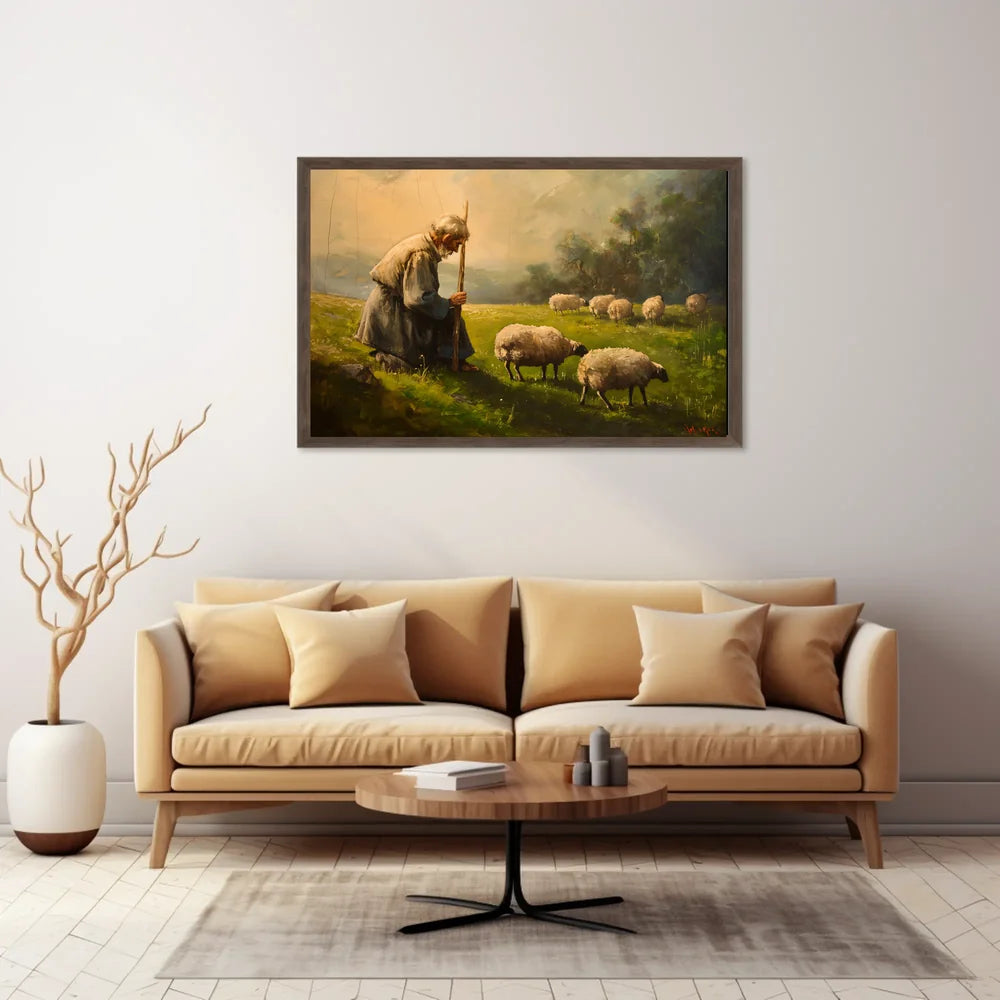 Pastoral Serenity: Shepherd and Sheep in Misty Meadow