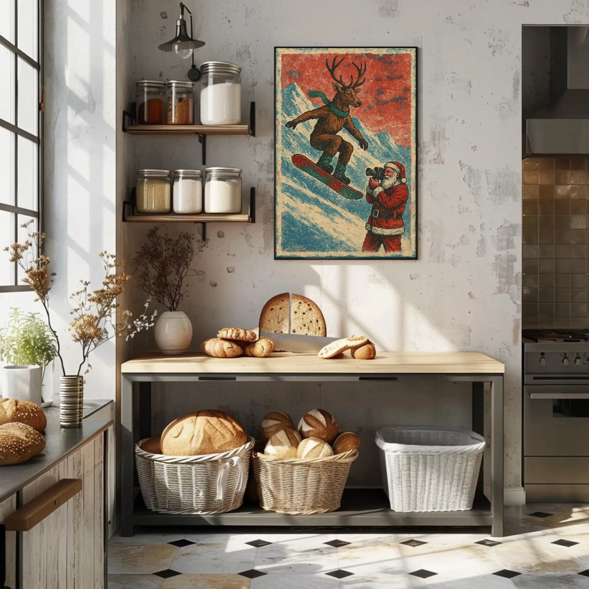 Whimsical Reindeer Snowboarding Vintage Christmas Poster