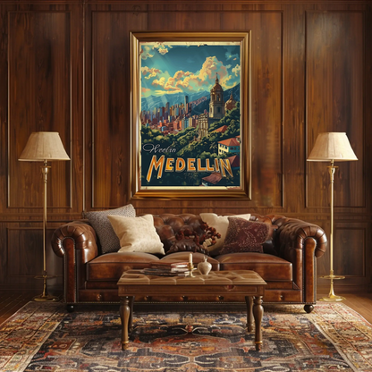 Medellin Cathedral City Skyline Colombian Landscape Travel Poster
