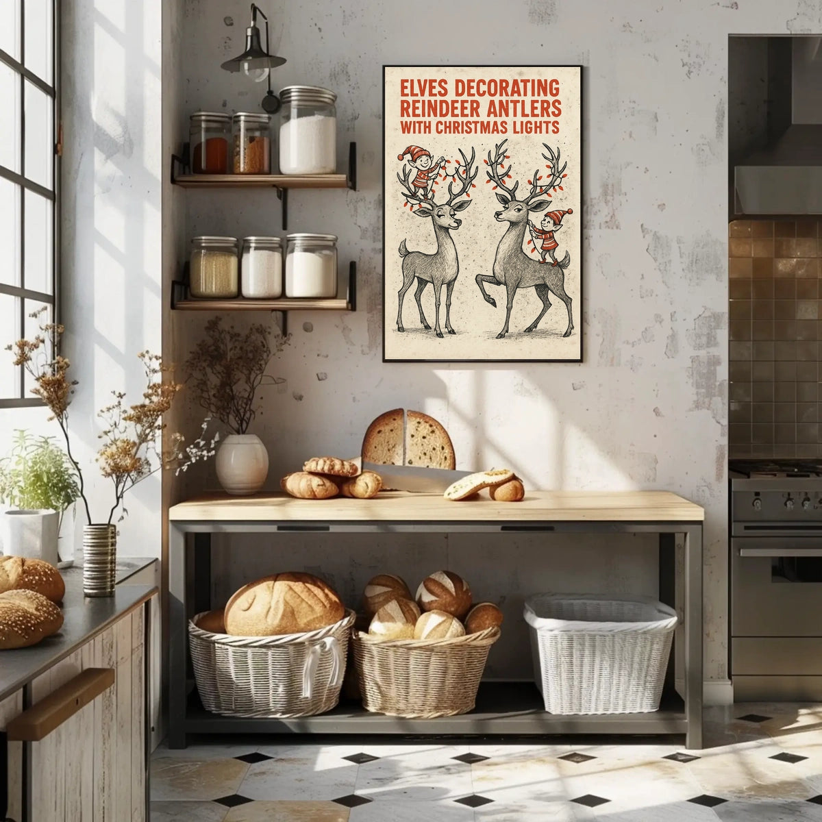 Elves Decorating Reindeer Antlers Poster