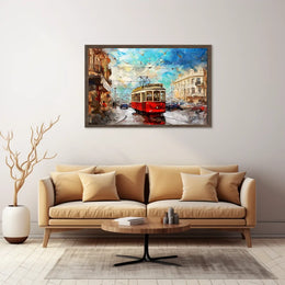 Vintage Tram Cityscape: Modern Impressionist Art Poster