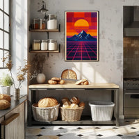 Retro-Futuristic Sunrise on Geometric Sci-Fi Landscape Poster