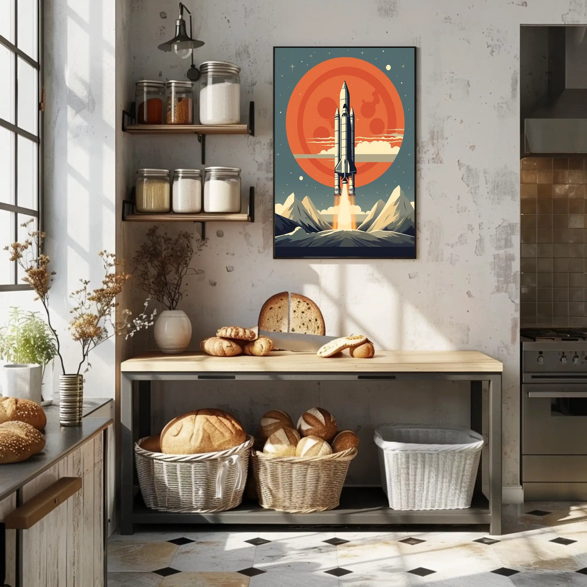 Retro Space Shuttle Launch Scene: Futuristic Sci-Fi Poster