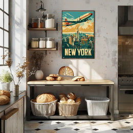 New York Skyline with Airplane Poster Vintage Wall Art