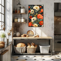 Lush Botanical Garden Scene with Poppies Artistic Poster