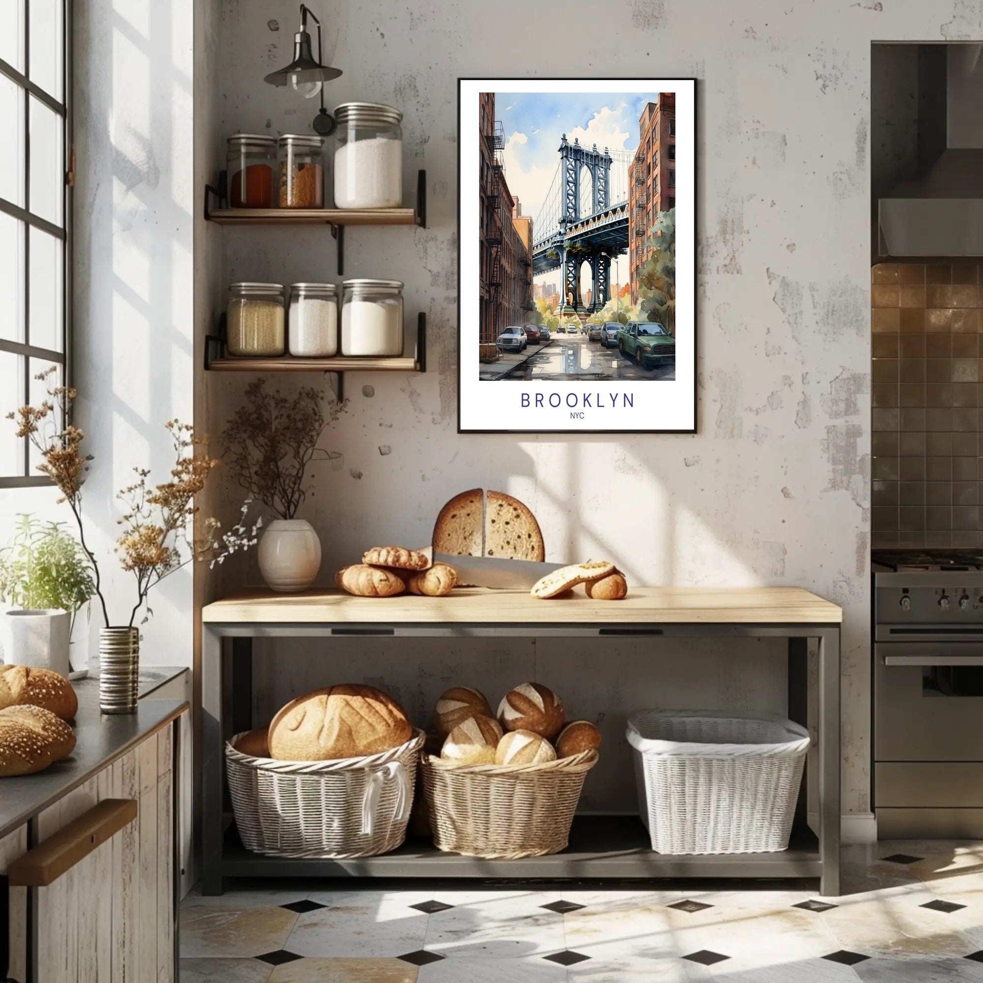 Brooklyn Bridge Watercolor Urban Cityscape Poster PosterGoat