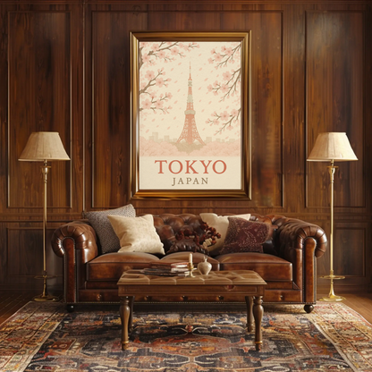 Tokyo Japan Cherry Blossoms Tower Springtime Travel Poster