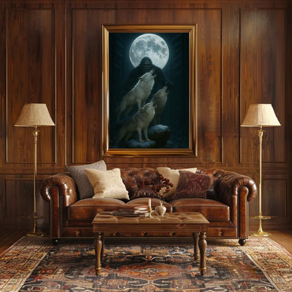 Bigfoot Howling Wolves Moonlit Forest Poster