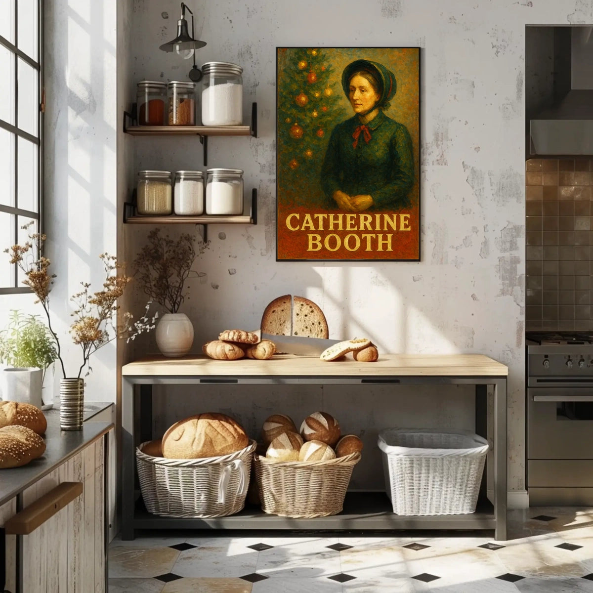 This stylized poster features an artistic depiction of a woman labeled "Catherine Booth." Travel Poster