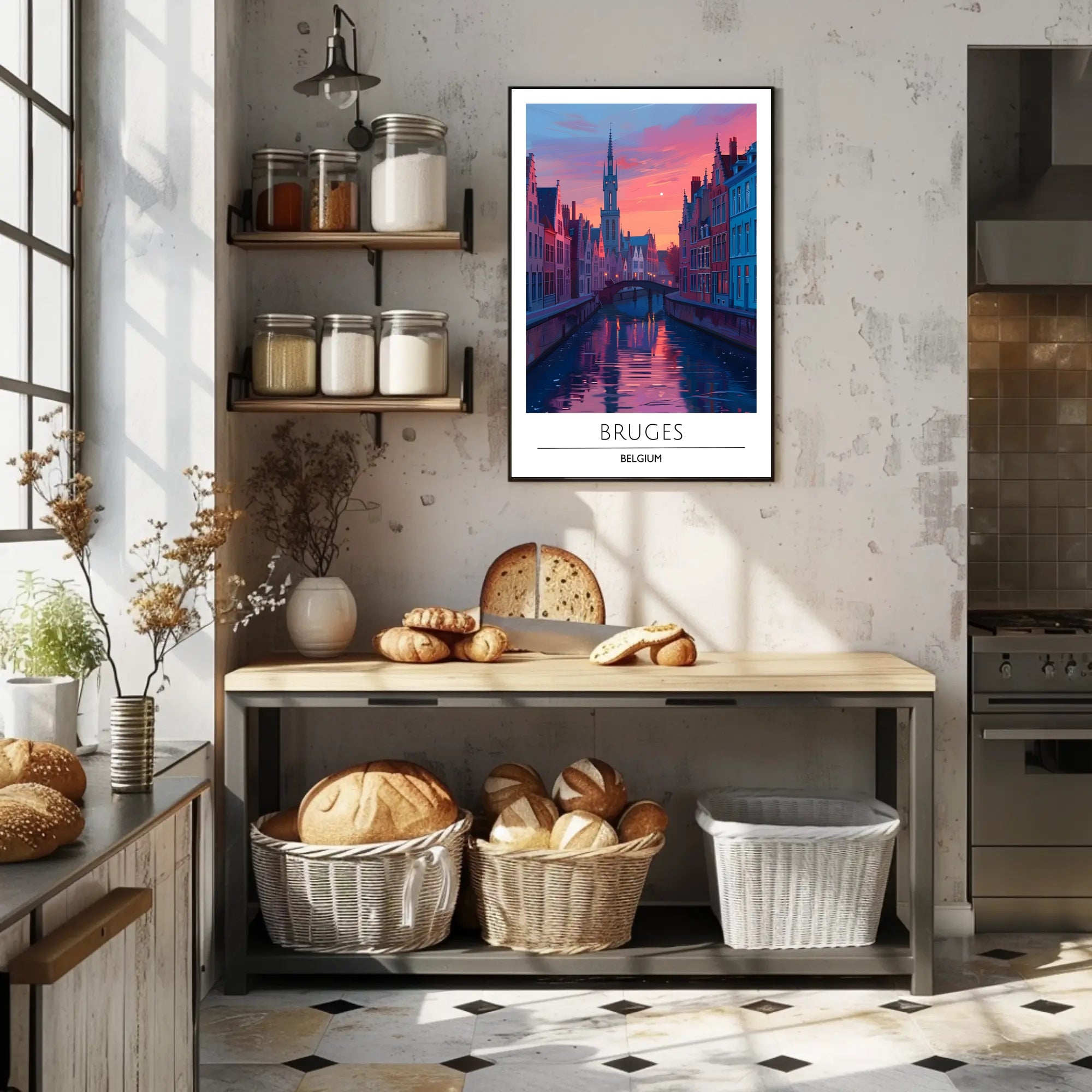 Scenic Bruges Canal Sunset Travel Poster