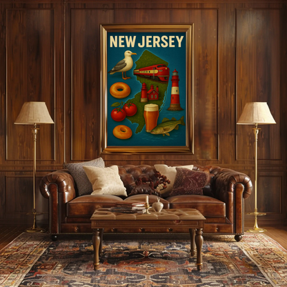 New Jersey Icons Lighthouses Bagels Beer Tomato Pride Travel Poster Travel Poster