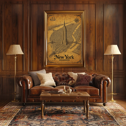 New York Empire State Historic Map Detailed Aerial Travel Poster