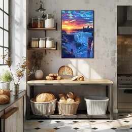 Majestic Waterfall Sunset with City Skyline Poster