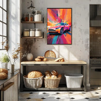 Luxury Sports Car in Vibrant Abstract Pop Culture Poster
