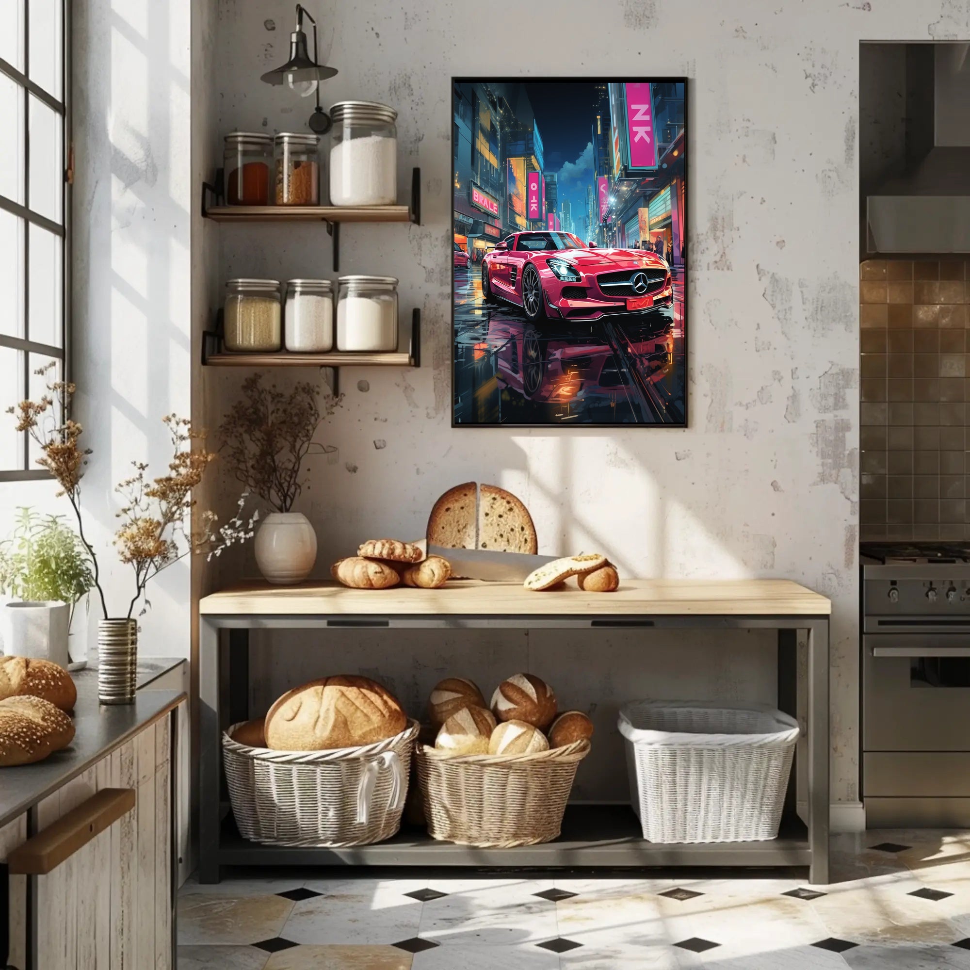 Futuristic Cityscape Sports Car Neon Lights Poster