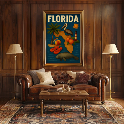 Florida State Symbols Pelican Map Lighthouse Travel Poster