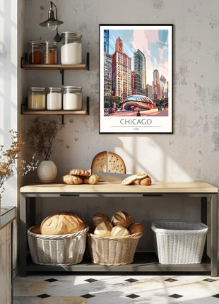 Chicago Skyline Travel Poster with Cloud Gate Landmark