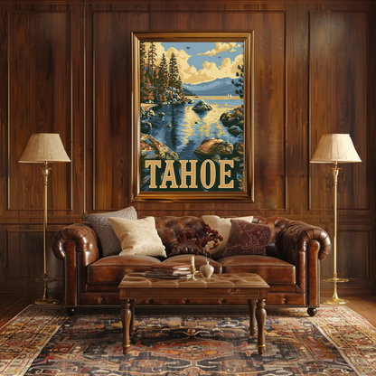 Lake Tahoe Sunset Pines Mountain Travel Poster