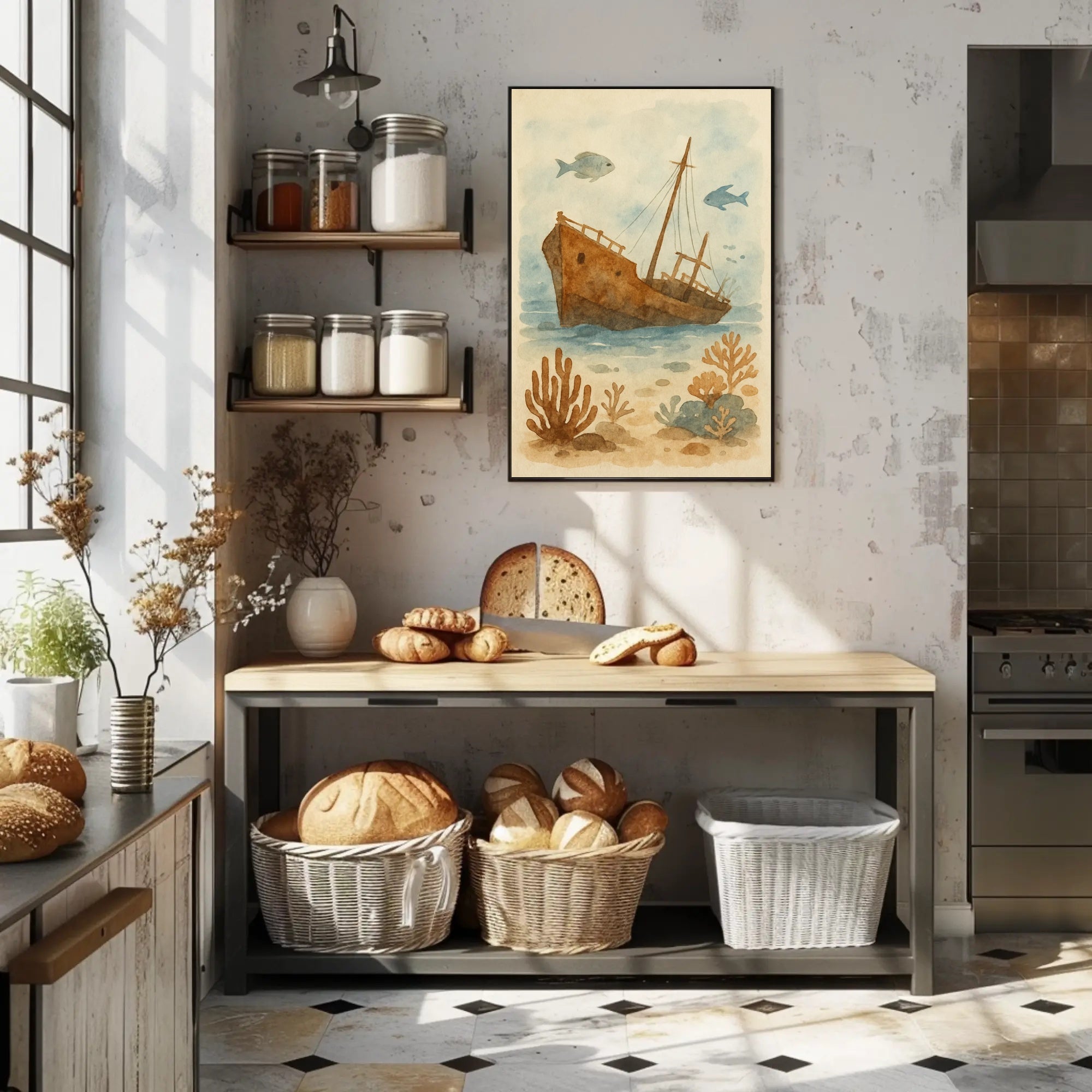 Sunken Ship Underwater Scene Artistic Poster