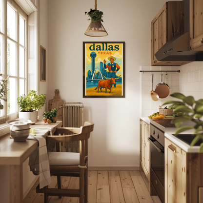 Dallas Cowboy Longhorn Skyline Bridge Sphere Vintage Travel Poster Wall Art