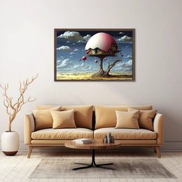 Surreal Desert House with Whimsical Balloons Artistic Poster