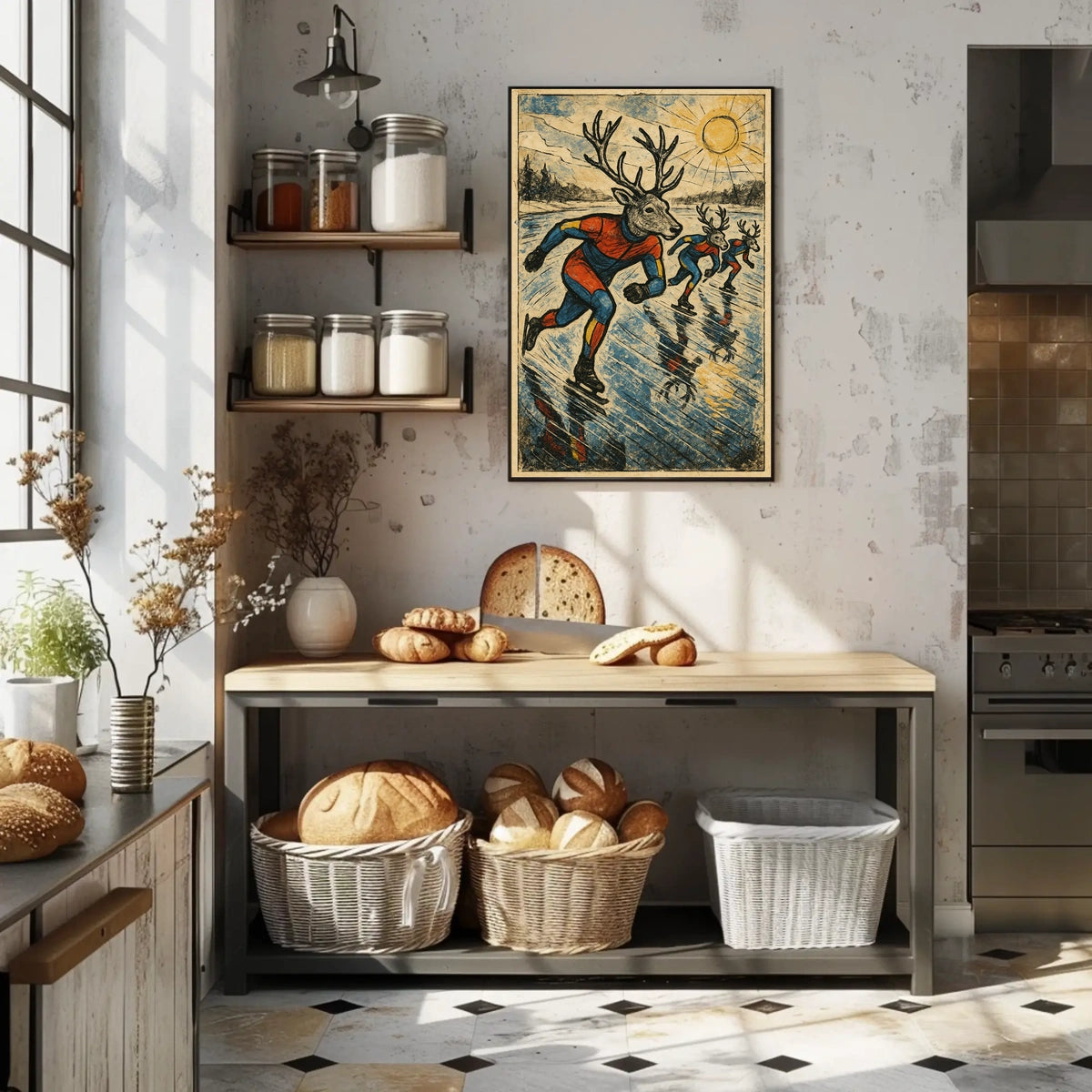 Whimsical Deer Ice Skating Vintage Art Poster