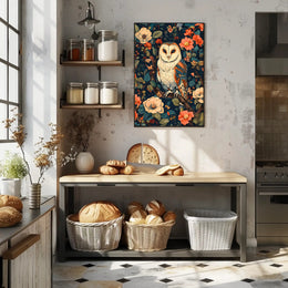 Barn Owl Amid Enchanted Flora: Artistic Animal Poster