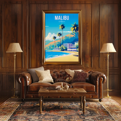 Malibu California Palm Trees Beach Hotel Hills Travel Poster