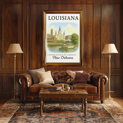 New Orleans Louisiana Cathedral Steamboat River Poster