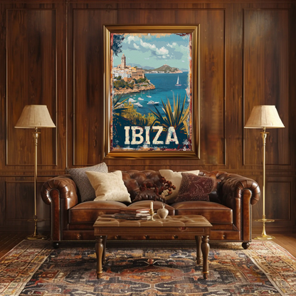 Ibiza Cliffside Town and Sailing Bay Travel Poster