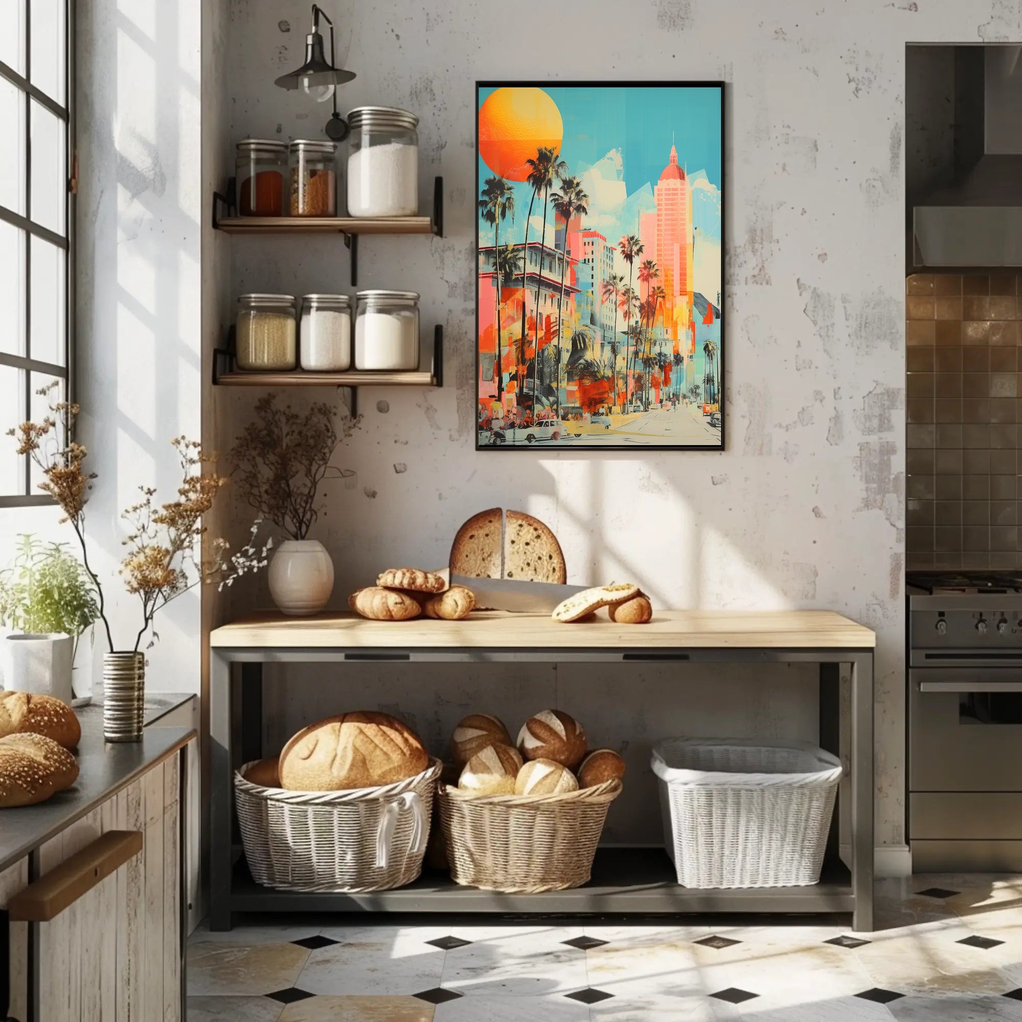 Retro-Modern Urban Scene: Coastal City Artistic Poster