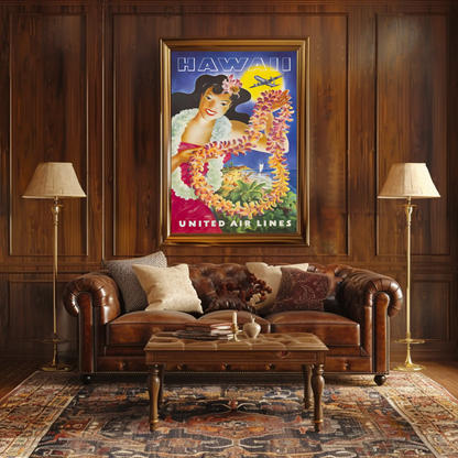 Hawaii United Airlines Lei Woman Beach Travel Poster