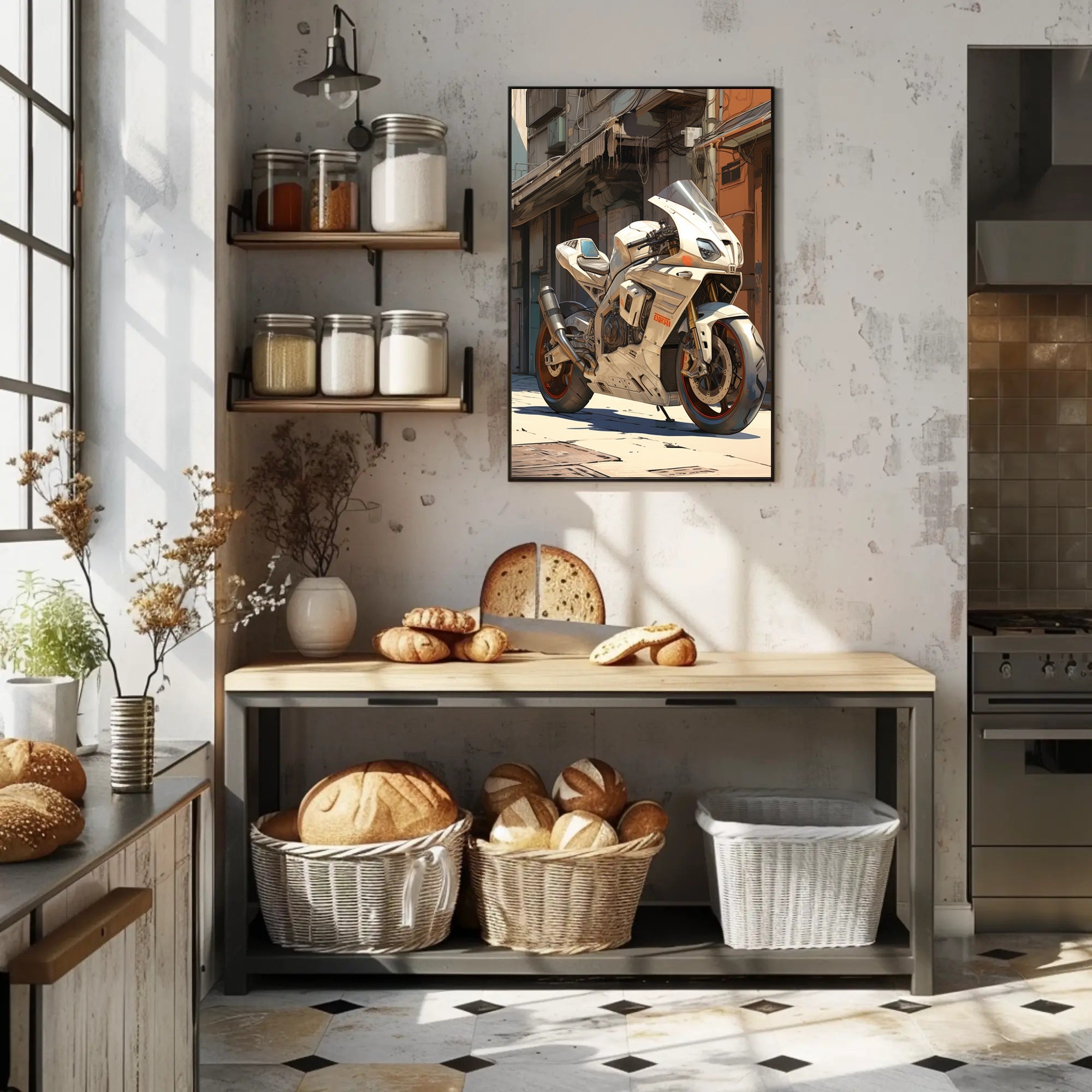 Futuristic Motorcycle In Urban Alley Poster PosterGoat