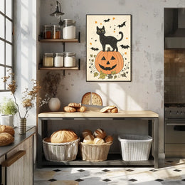 Halloween-Themed Black Cat Carved Pumpkin Bats Stars Poster