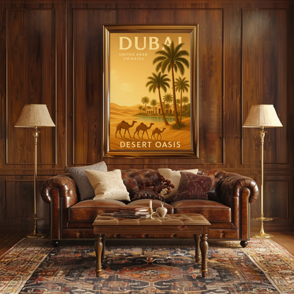 Dubai Desert Oasis Camels Palms Sunset Poster