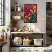 Majestic Peacock Amidst Lush Blooms: Artistic Animal Poster