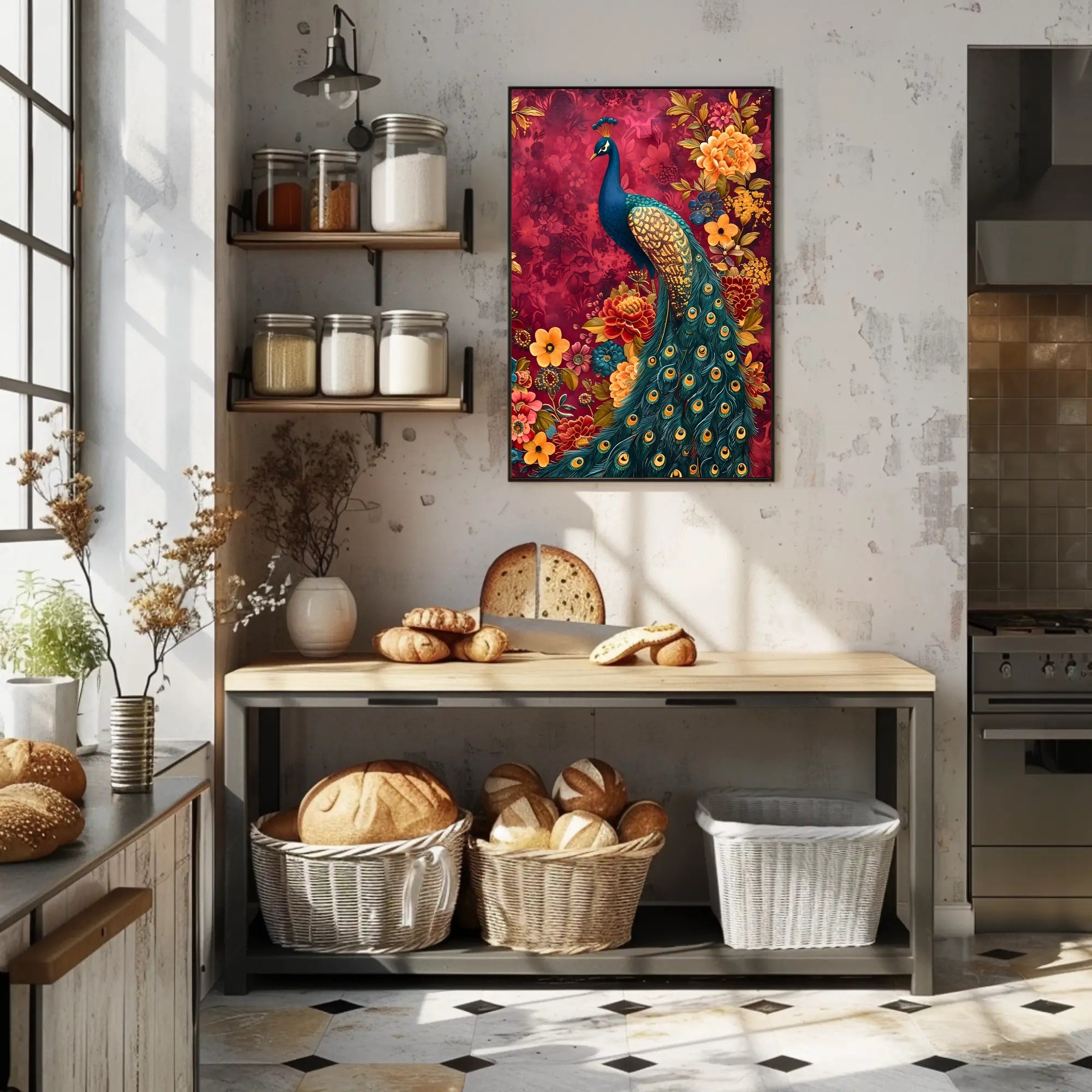 Majestic Peacock Amidst Lush Blooms: Artistic Animal Poster
