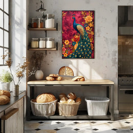 Majestic Peacock Amidst Lush Blooms: Artistic Animal Poster