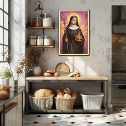 Saintly Figure with Church Model Poster