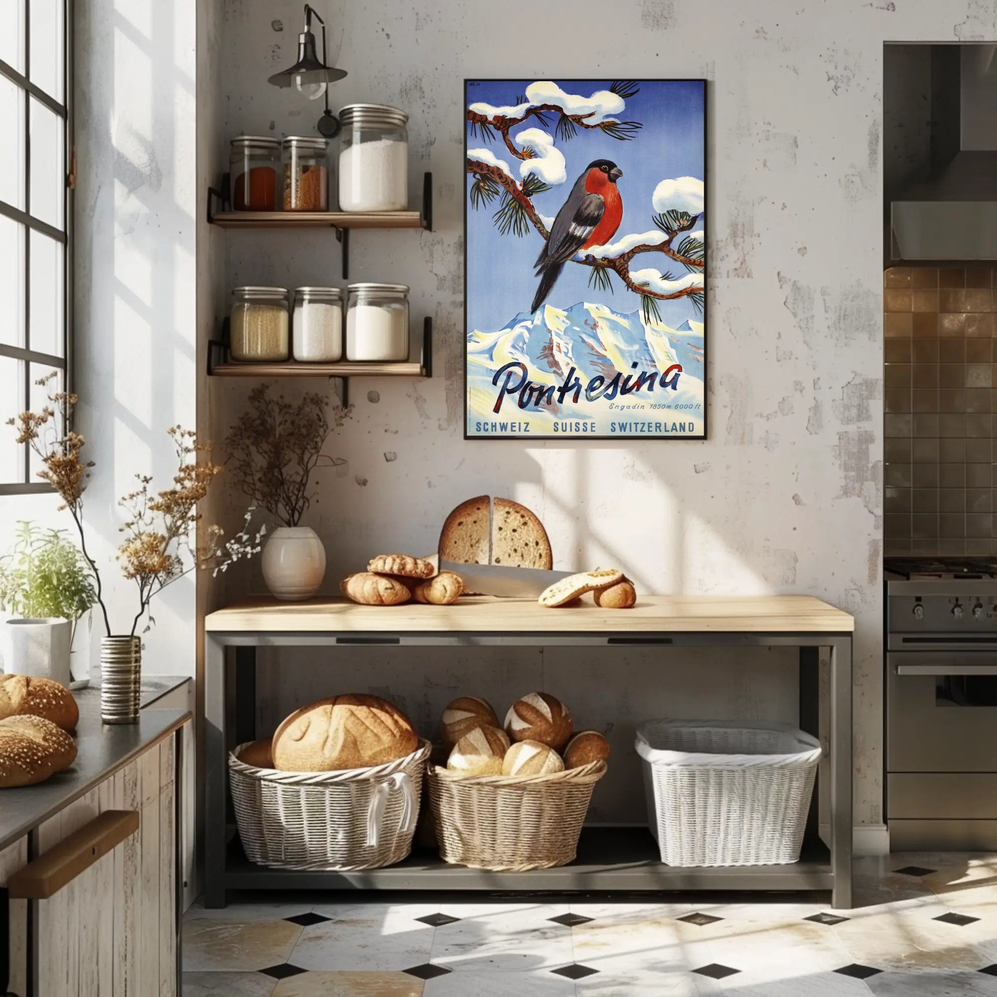 Vibrant Bullfinch Snowy Swiss Landscape Travel Poster PosterGoat